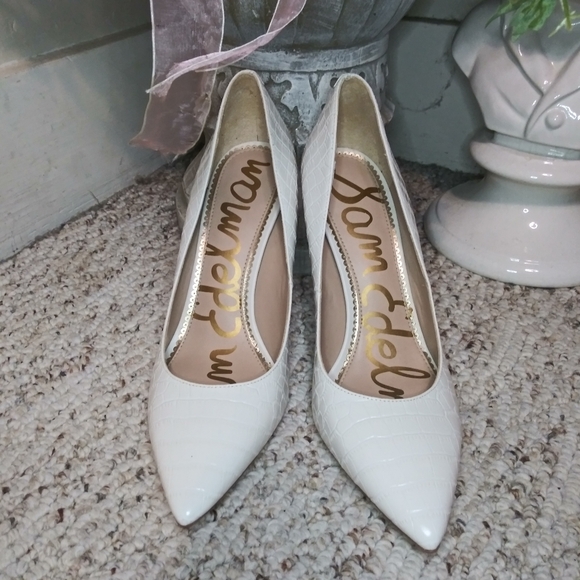 Sam Edelman Hazel Sexy White Croc Embossel Leather Pointed Toe Pumps - Picture 2 of 6